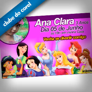 Convite Aniversário Princesas Disney Clube do Corel