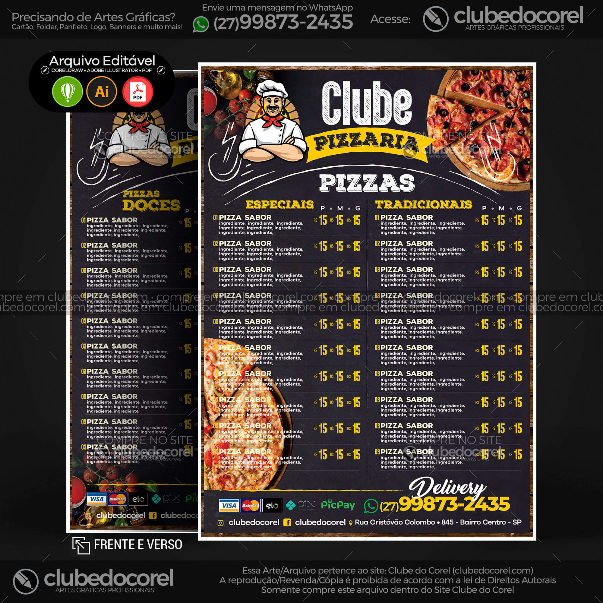 Cardápio Pizzaria - Pizza e Hamburguer (Lanche) - Modelo pronto Editável  #01 [CDR AI PDF] | Clube do Corel - cardapio pronto