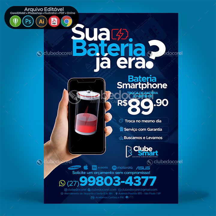 Smartphone Celular Conserto Assistencia Tecnica Troca Bateria - Panfleto Flyer Arte Banner Post PSD CDR AI PDF 01 01