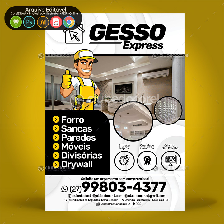 Gesso 3D - Panfleto Flyer Editavel - CDR PSD PDF Rebaixamento Drywall Sanca Gesseiro 03 01